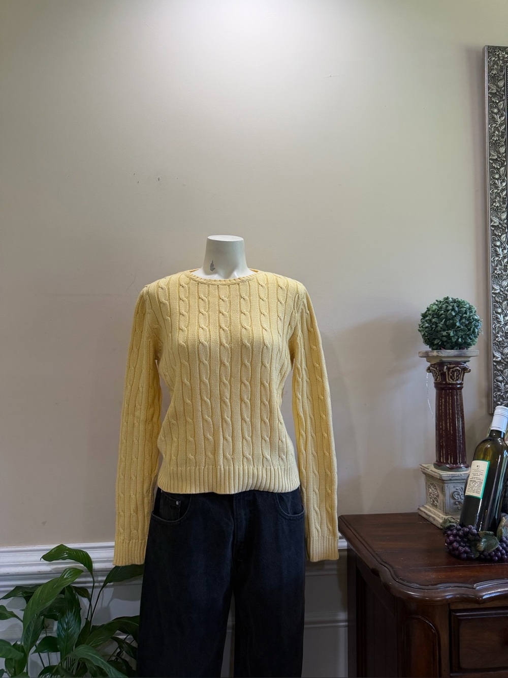 Brooks Brothers Pale Yellow Cable-Knit Crewneck Sweater